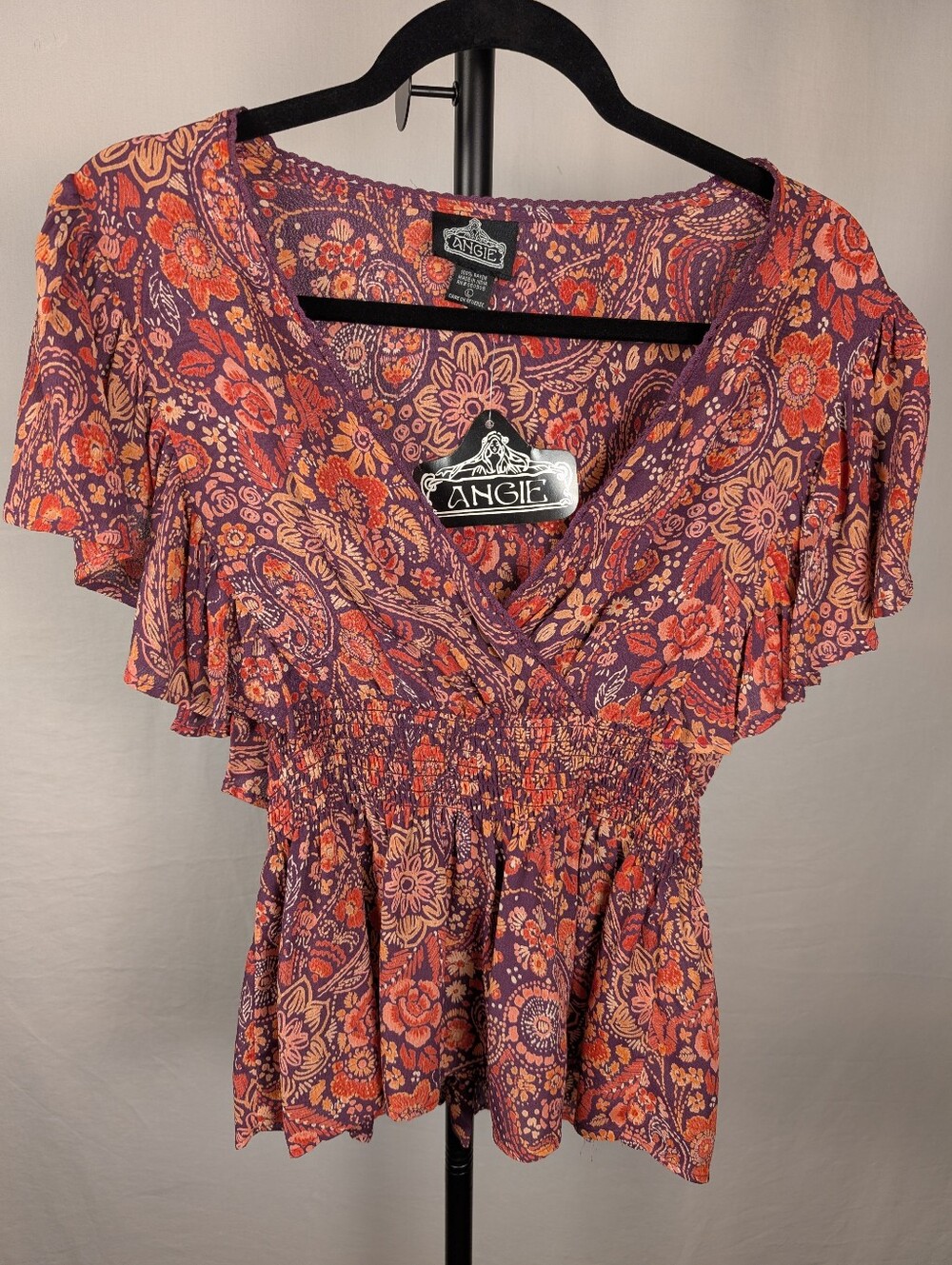 A-202 Angie Purple Paisley Floral Smocked Peplum Blouse NWT Large - Picture 2 of 12
